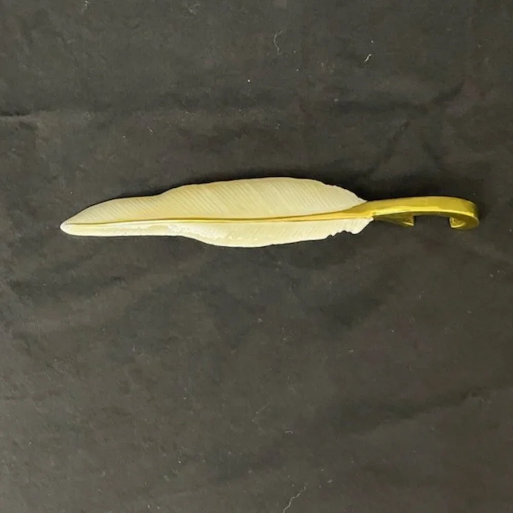 Anthropologie Feather Shaped Bottle Opener Ivory Enamel Brass‎ Toned Barware